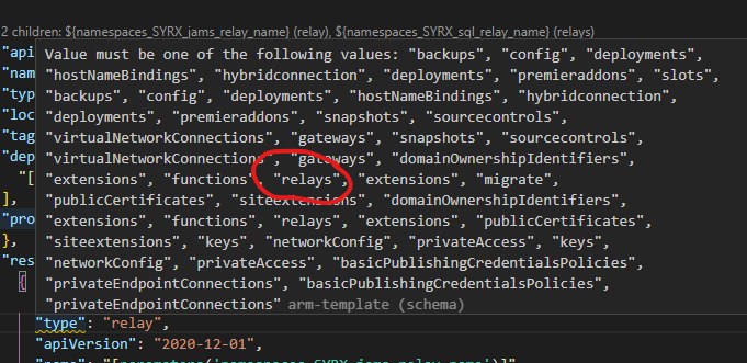 "problems with schema" error for Microsoft.Web/sites "relays" when used ...
