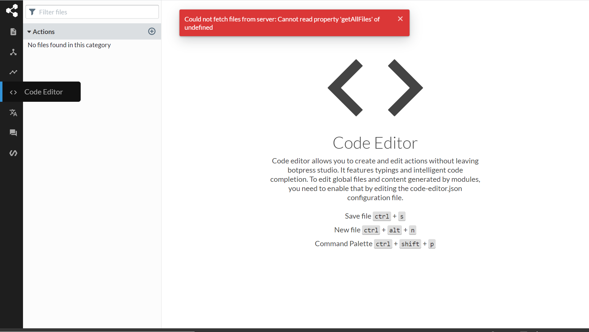 Could not Fetch files from server: Cannot read property 'getAllFiles ...