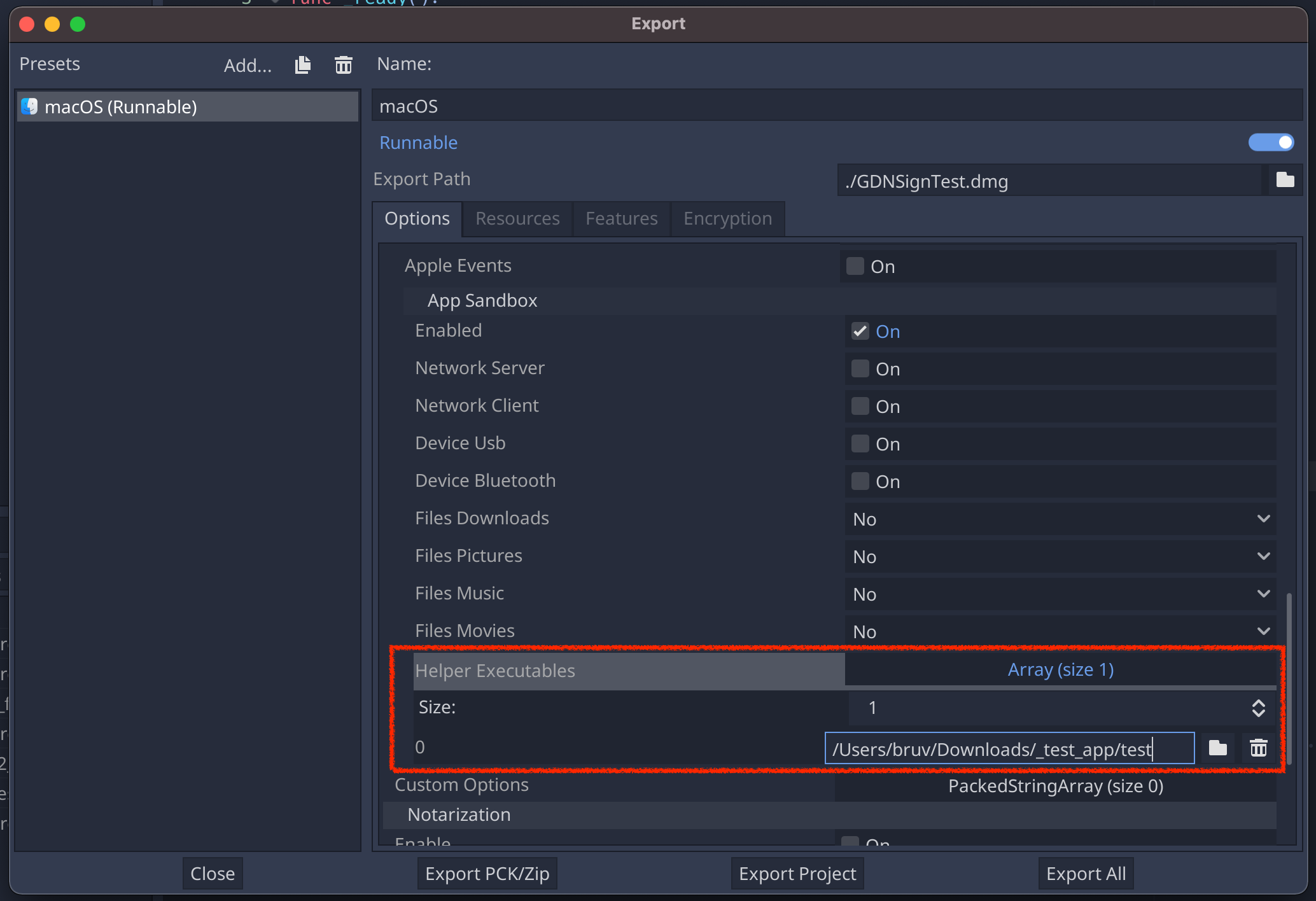 [macOS, sandbox] Add export option to embed and sign helper executables