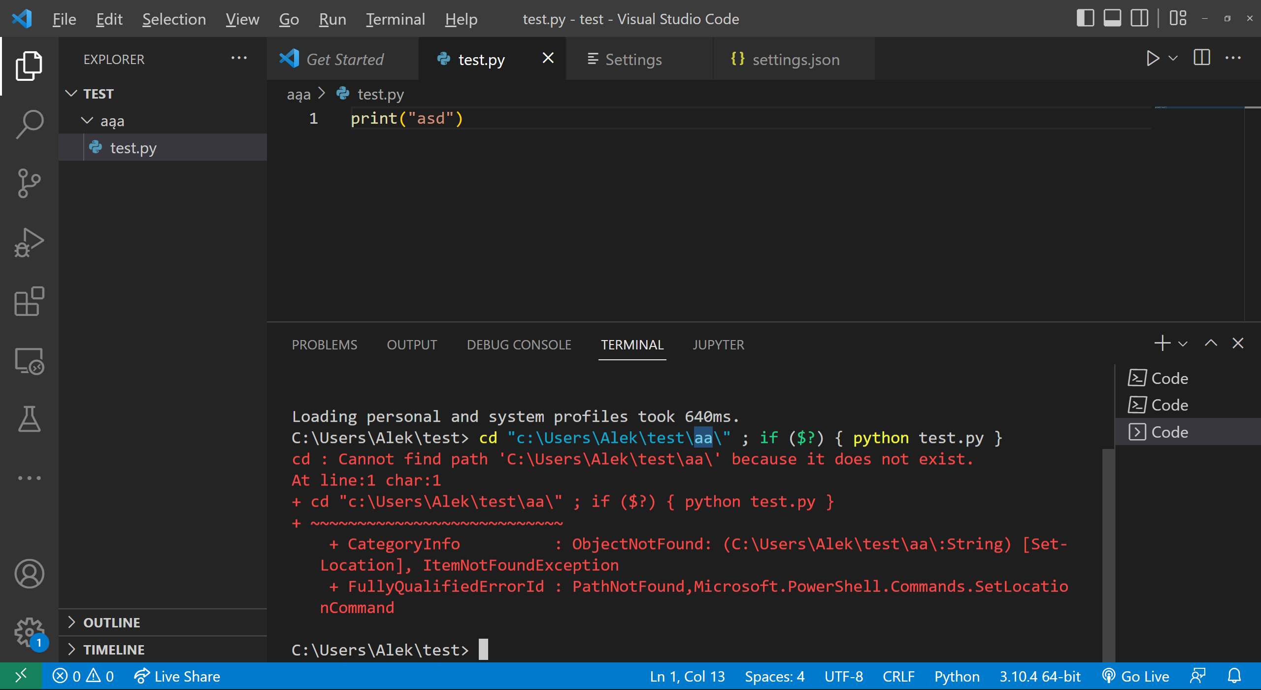Integrated Terminal does not include certain special characters when ...