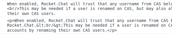 HTML tags are visible in the hints of Settings in the Administration ...