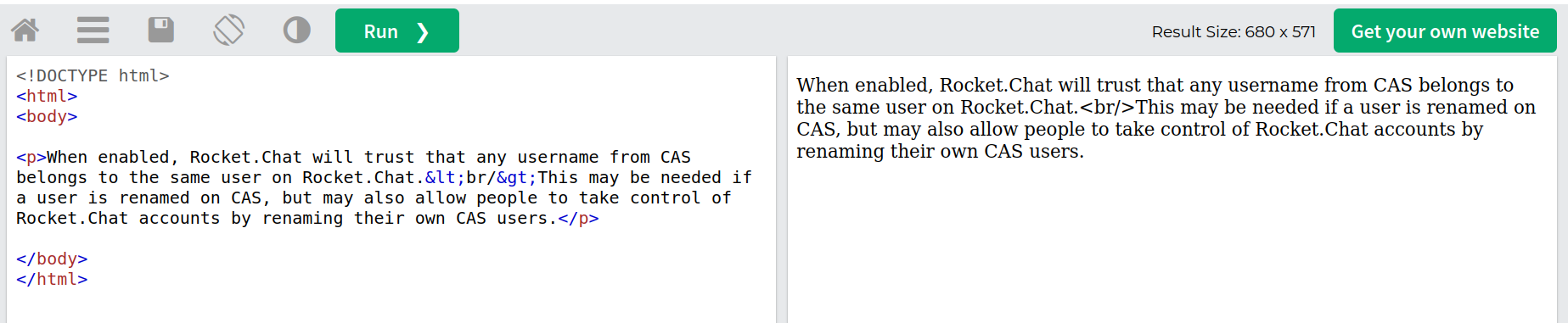 HTML tags are visible in the hints of Settings in the Administration ...