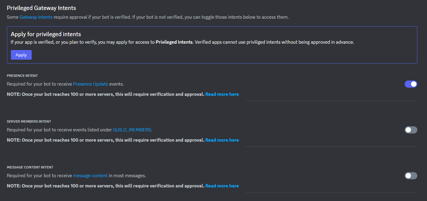 Unverified bots are able to apply for privileged intents. · Issue 6191