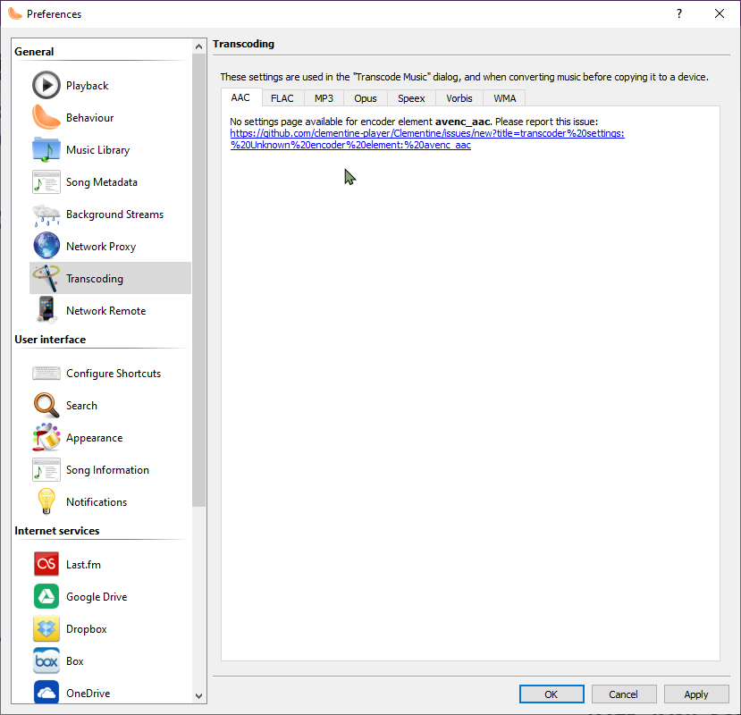 Transcoder settings unknown encoder element avenc aac issue 7049