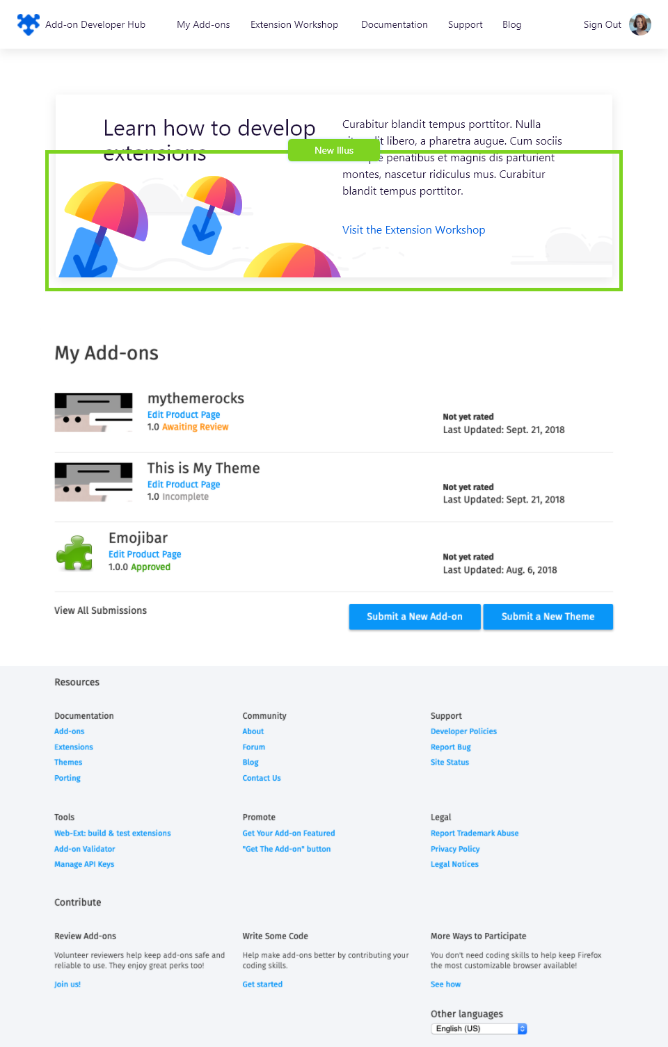 [DevHub] Submit a New Add-on and Theme buttons are not visible on ...