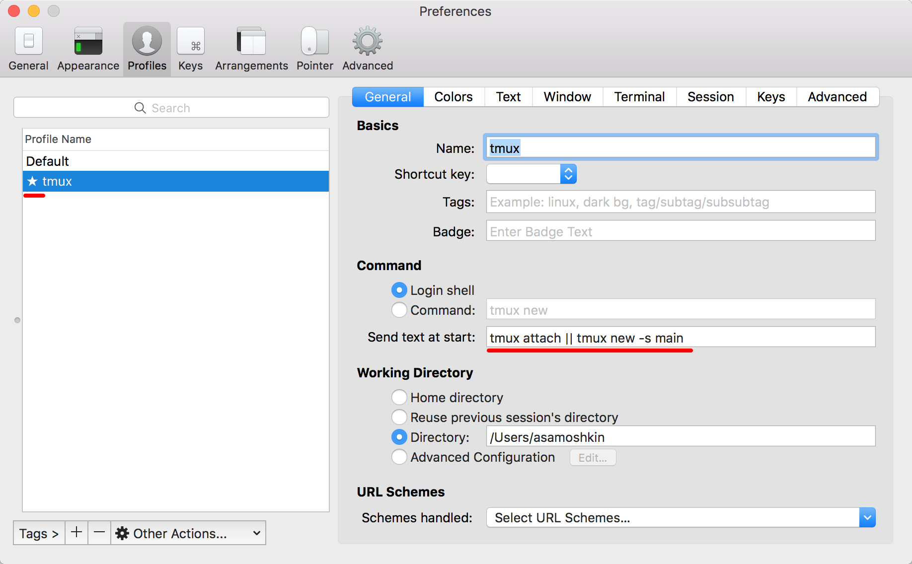 iterm tmux default profile