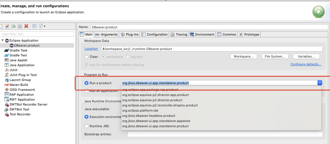 I started dbeaver with eclipse without org.jkiss.dbeaver.core.product ...