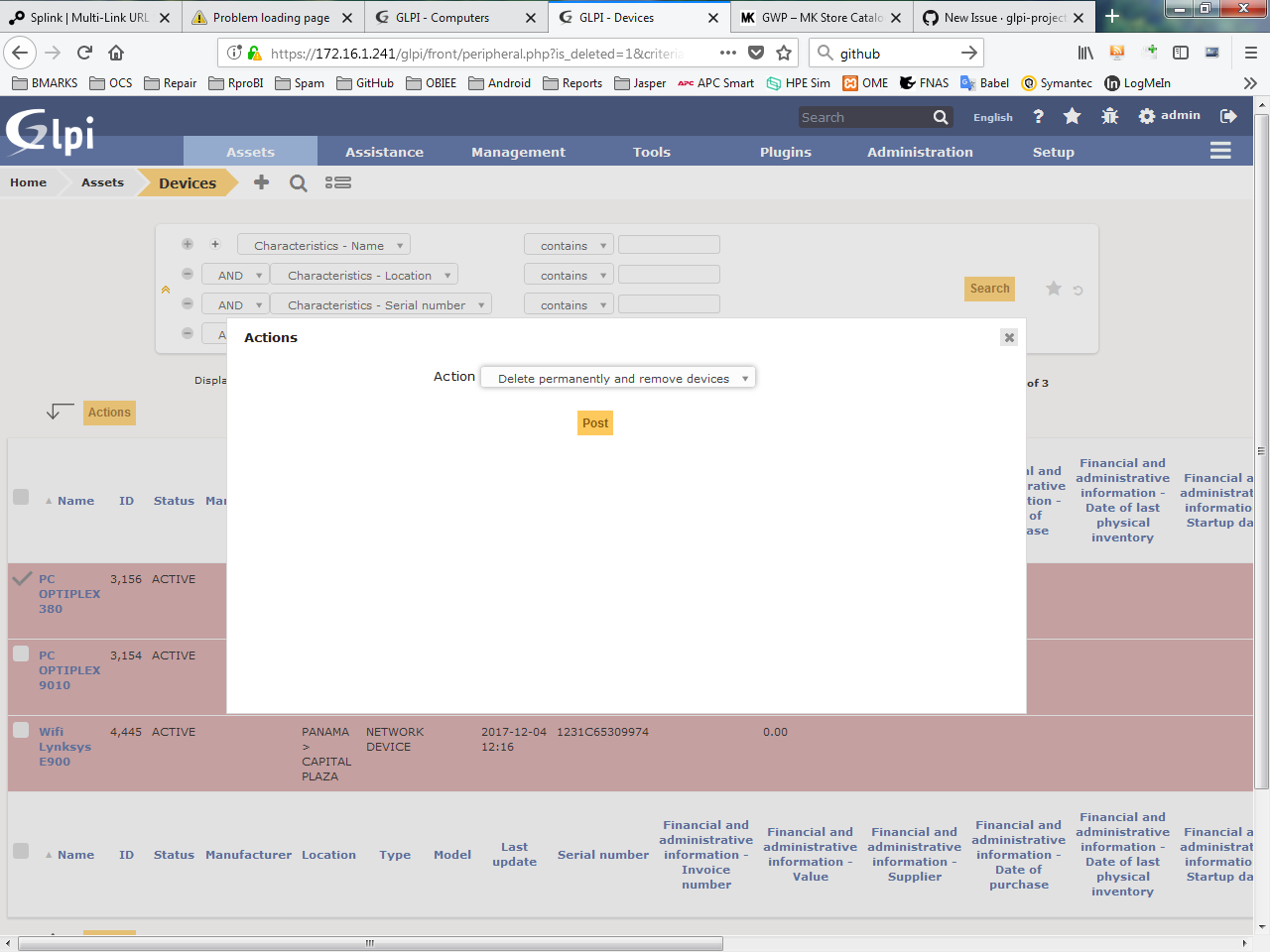 9 2 3 Error On Delete Devices On Dustbin Massive Actions Issue 3982 Glpi Project Glpi Github<script async src=