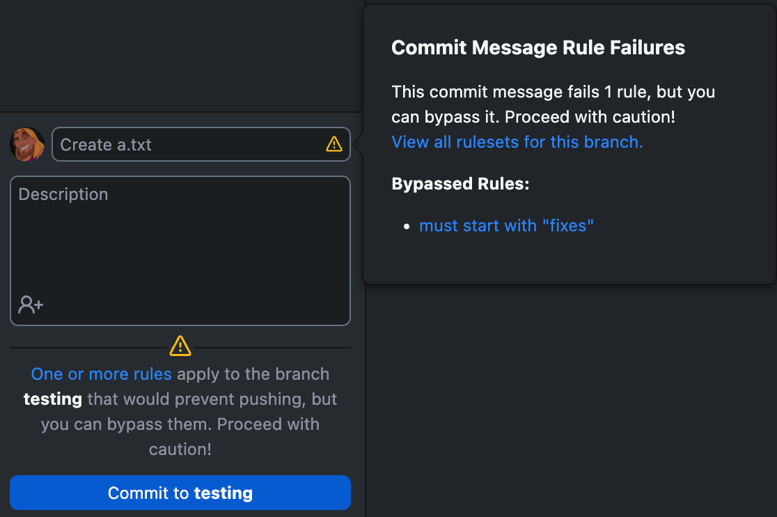 GitHub Desktop’s commit message area, showing bypass warnings for a commit message rule and another rule