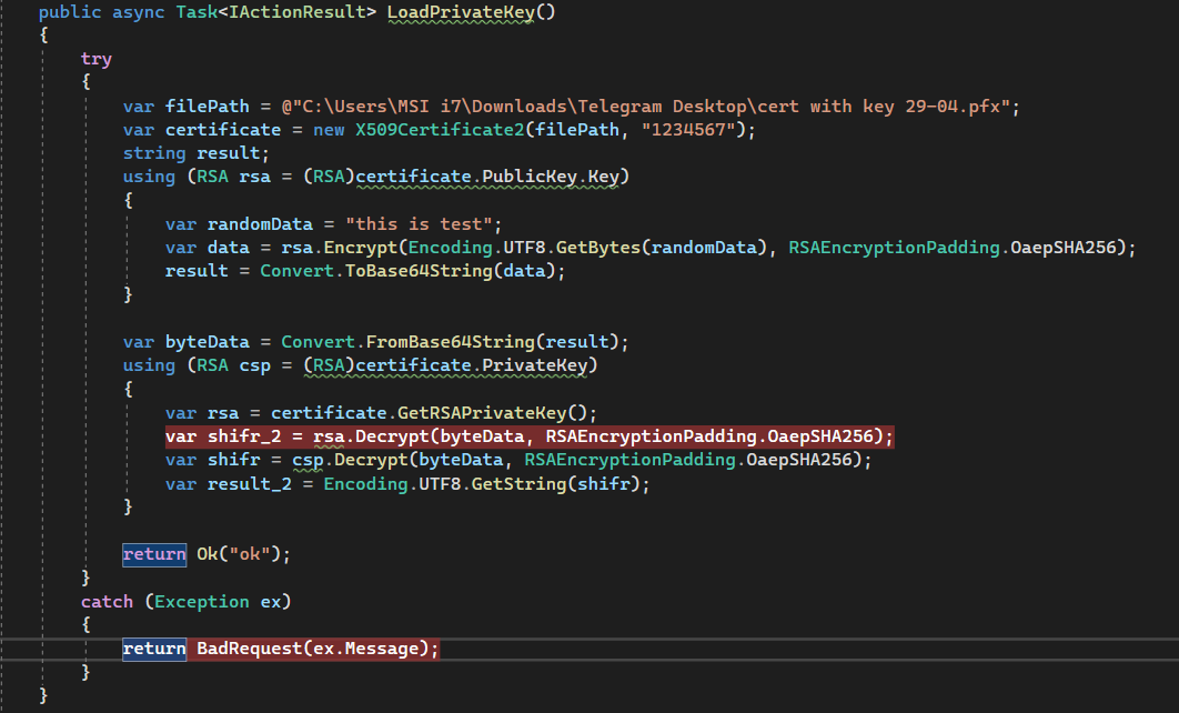 The x509 certification class with private key program gives error