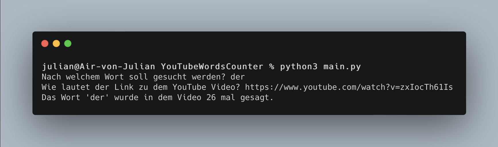 GitHub juliankroppdev/YouTubeWordsCounter This Python script tells