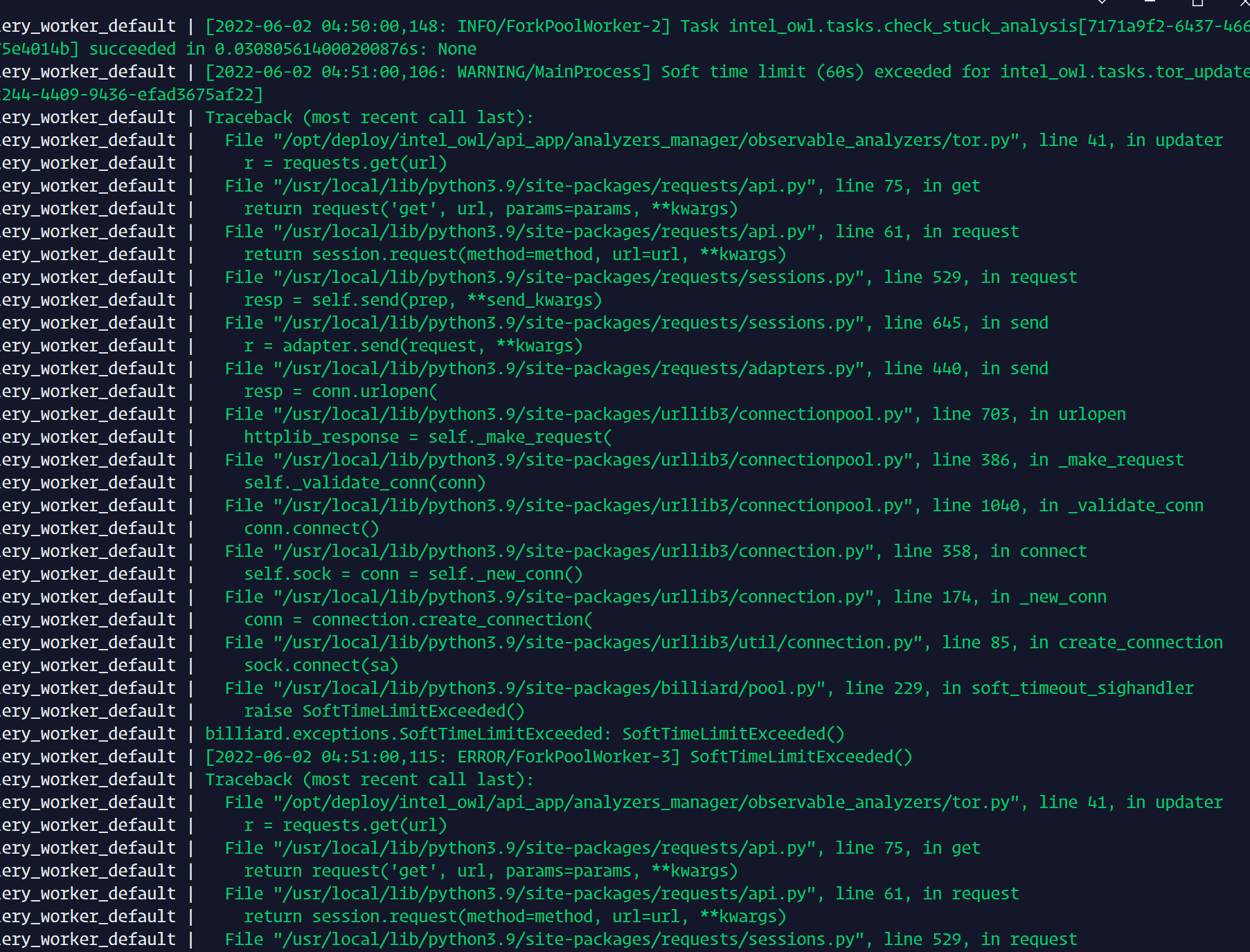 WARNING/MainProcess] Soft time limit (60s) exceeded for intel_owl.tasks
