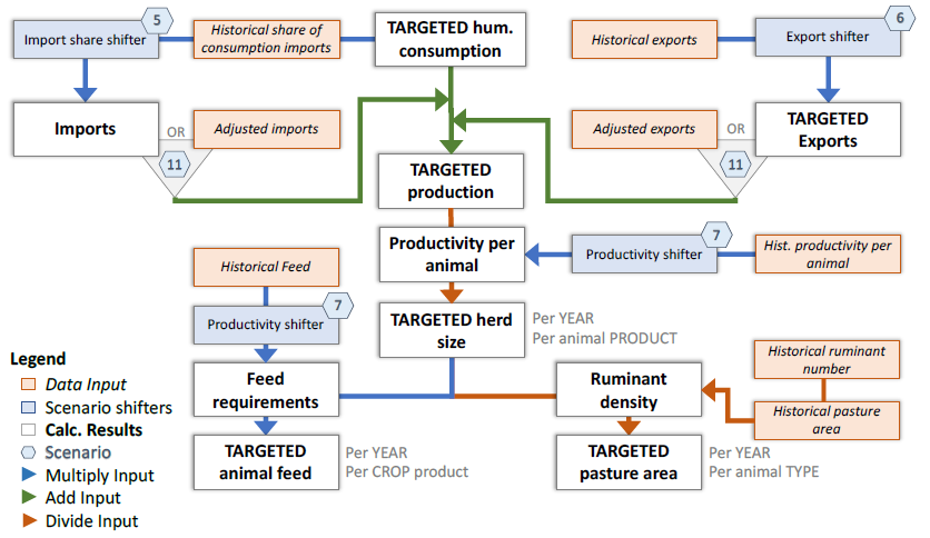 Figure 8. Computation of the targeted livestock herd, feed demand, and pasture area