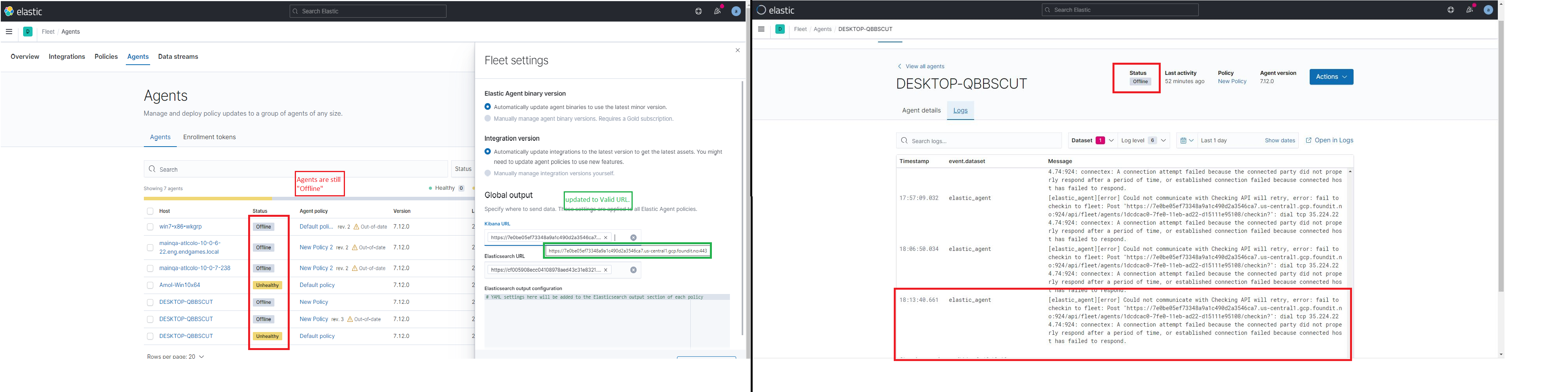 Agent goes offline permanently on updating Kibana URL from valid to ...
