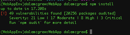 1669099816... | priority | startup parameters cannot update global variables search before asking i had searched in the and found no similar issues what happened startup parameters cannot update global variables x version is normal what you expected to happen startup configuration param... | 1 |
289,353 | 8,869,380,122 | IssuesEvent | 2019-01-11 04:58:48 | wevote/WebApp | https://api.github.com/repos/wevote/WebApp | closed | NPM package updates needed to remove vulnerabilities | Difficulty: High Priority: 1 Verify Fix | ### Please describe the issue (What happens? What do you expect?)
![screen shot 2018-09-27 at 12 27 07 pm