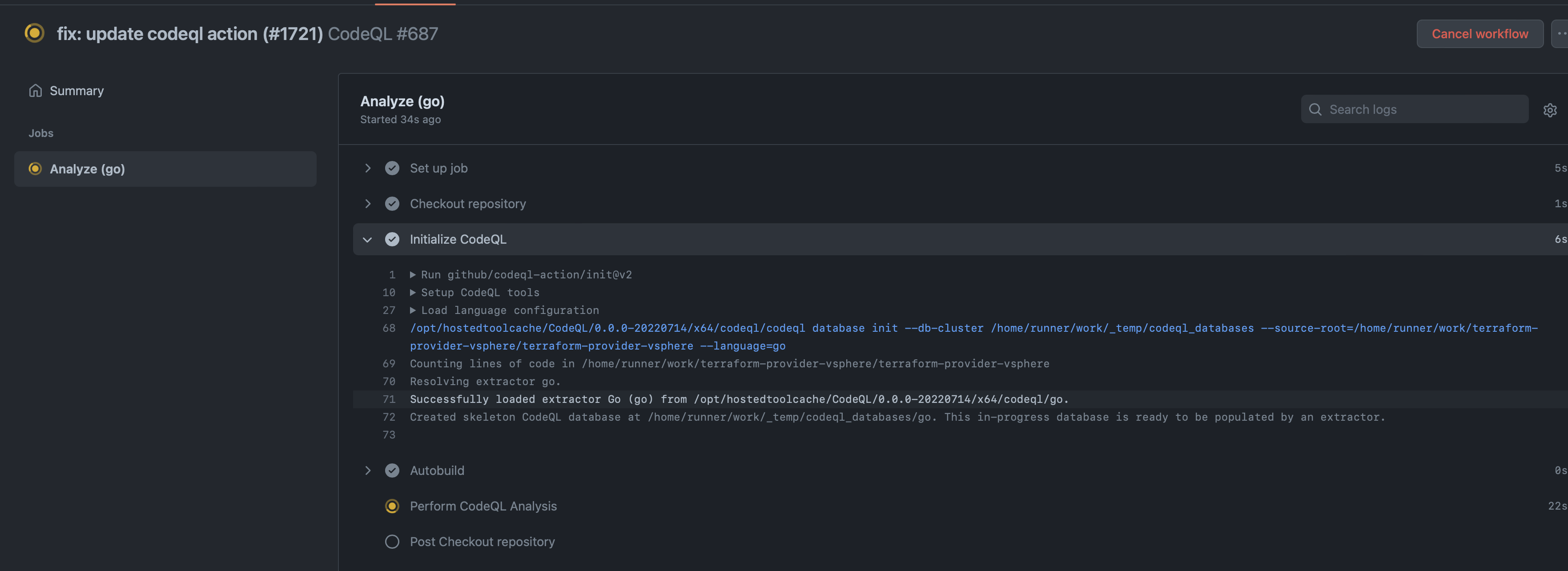 Warning on GitHub Action `github/codeqlaction` in `.github/workflows
