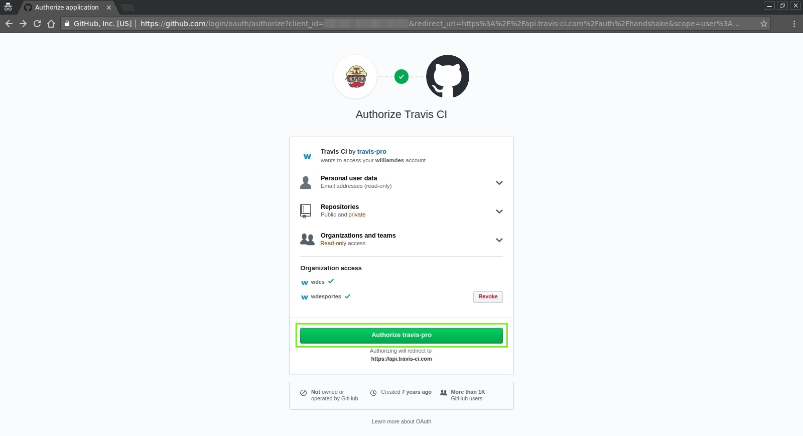 Authorize Travis at GitHub