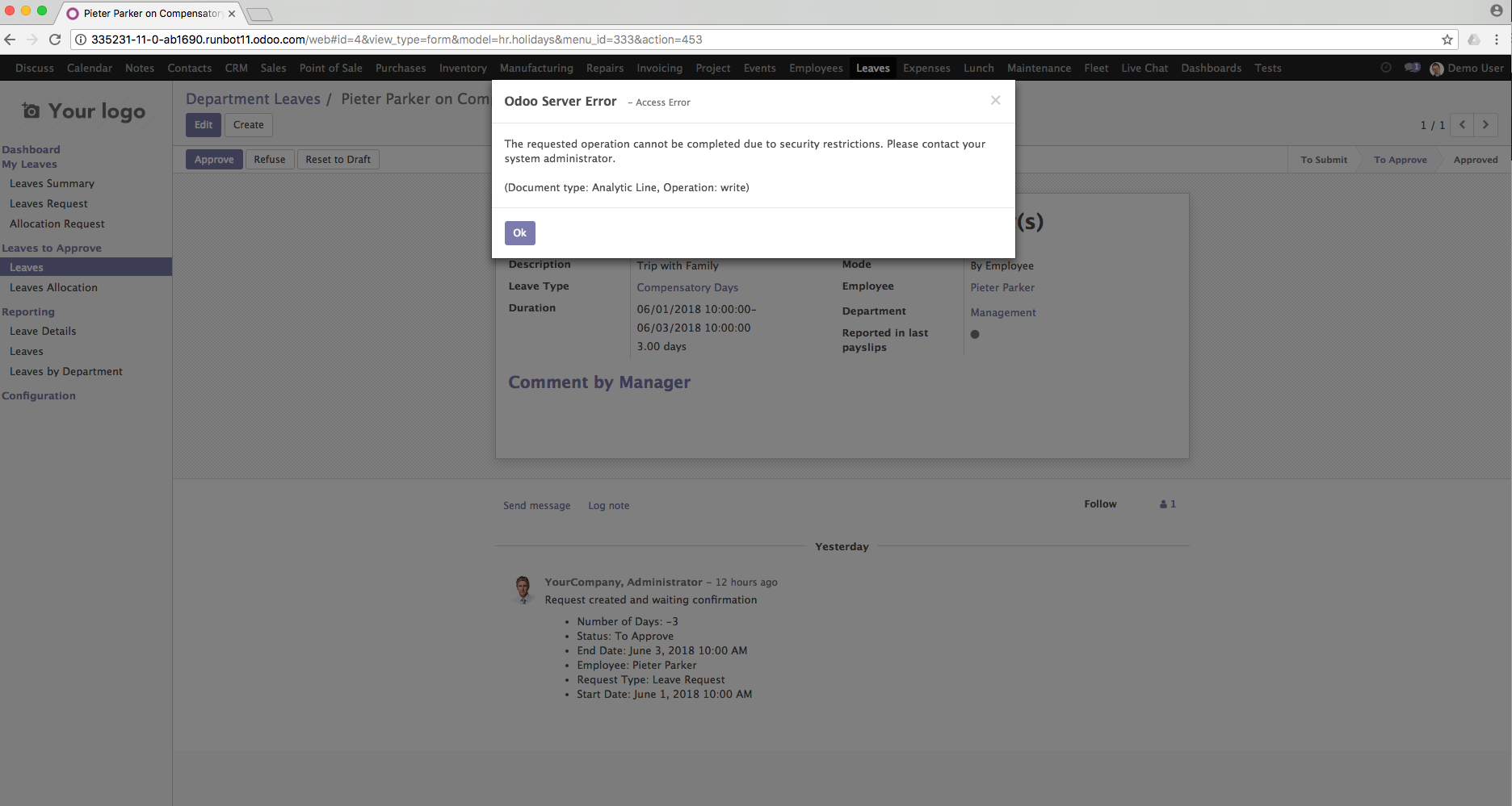 [11.0]Leaves manager is not able to approve a leave request due to ...