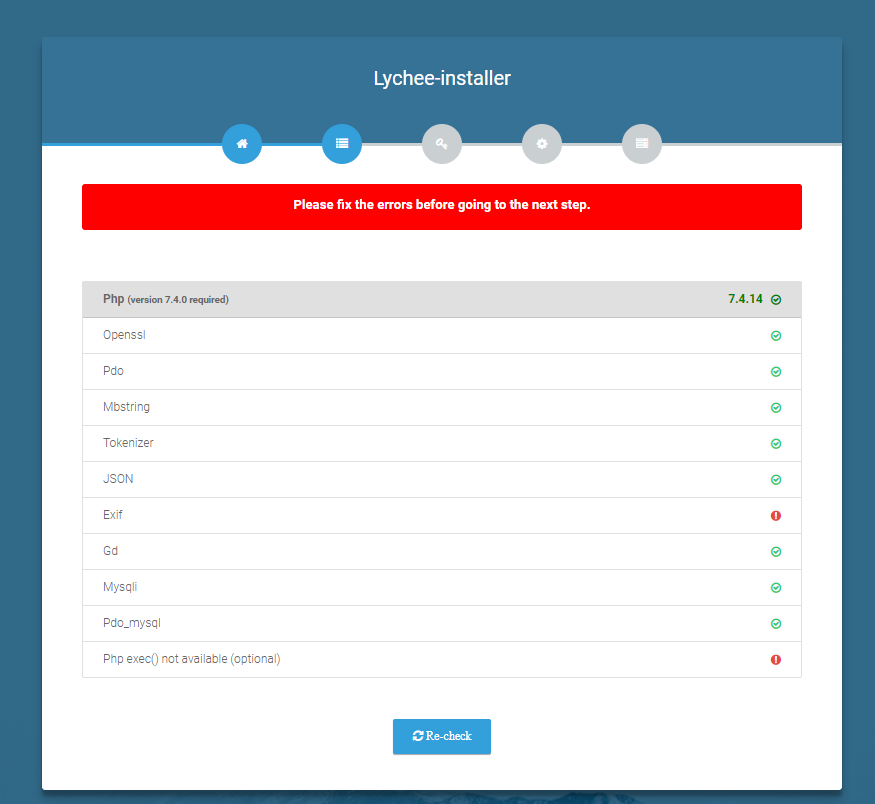 Lychee installer please fix the errors before going to the next step 