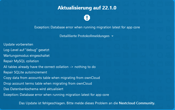 Update to versions 22.1.0 failed · Issue #28345 · nextcloud/server · GitHub