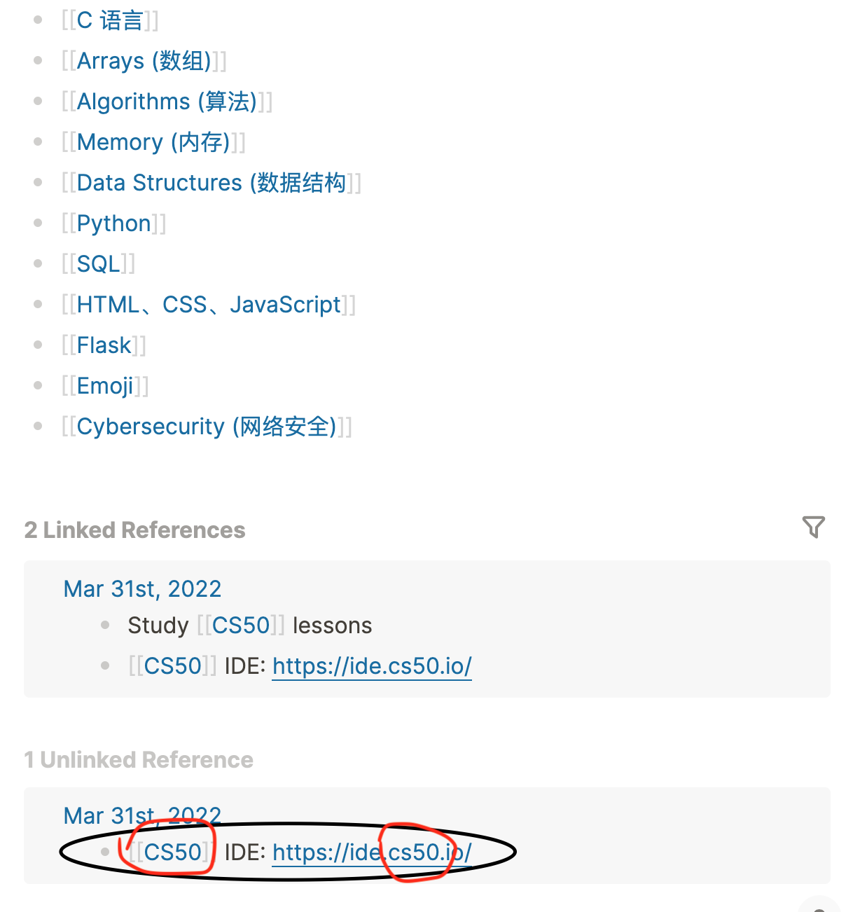 When text ([[keyword]]) contains URL, the Unlinked Reference will still ...