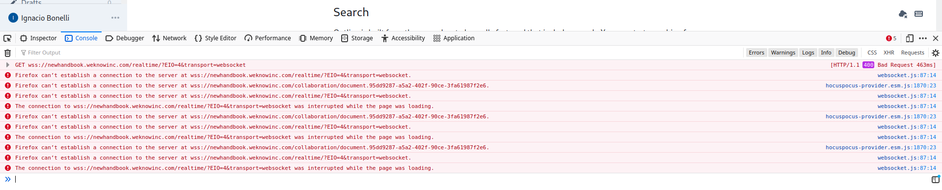 No live collaboration, server connection lost & realtime websocket ...