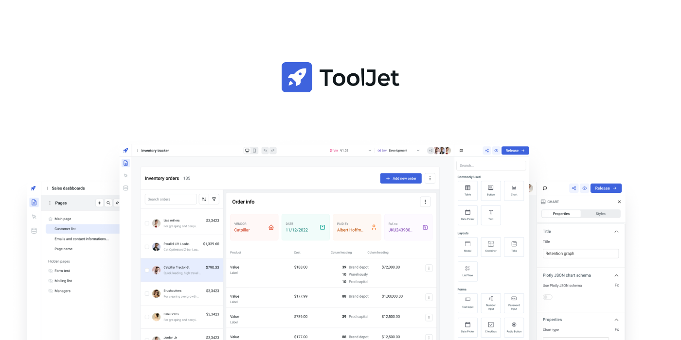 Tooljet dashboard showing inventory and orders