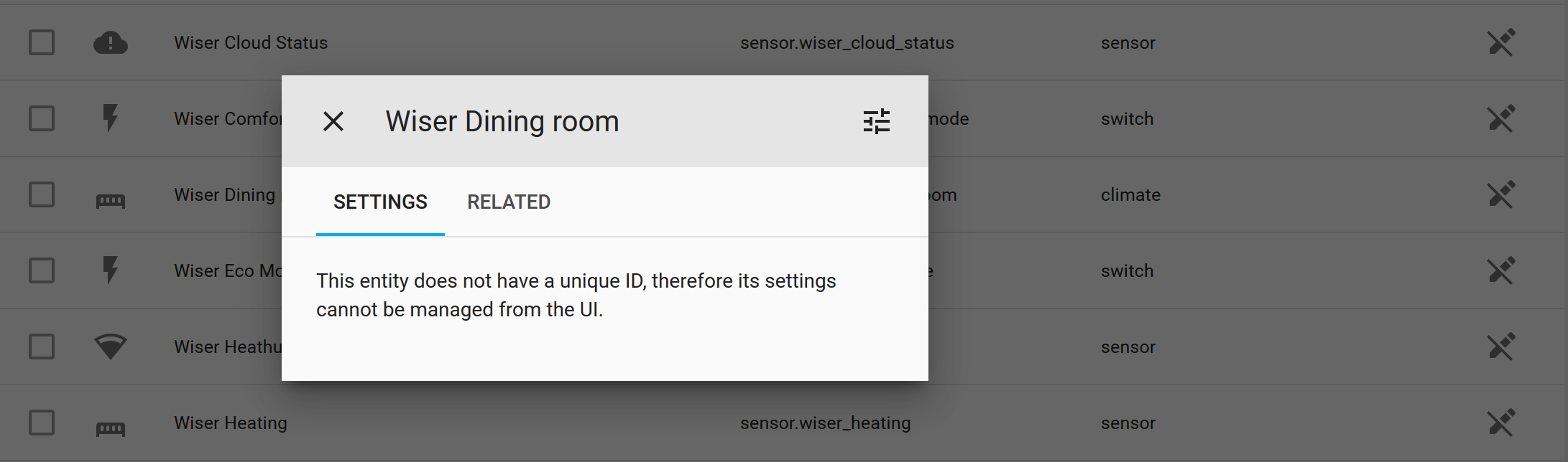 Home assistant wiser missing entity id