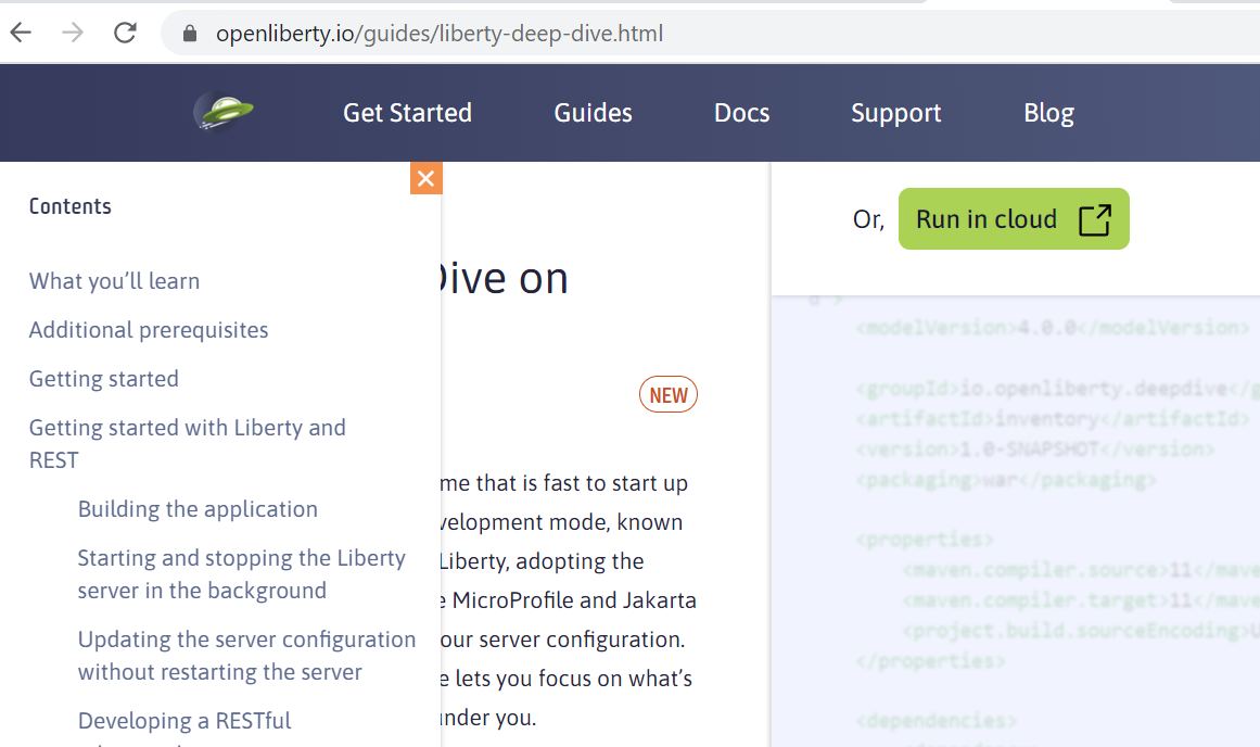 Scroll bar missing in the OpenLiberty guides page Contents section