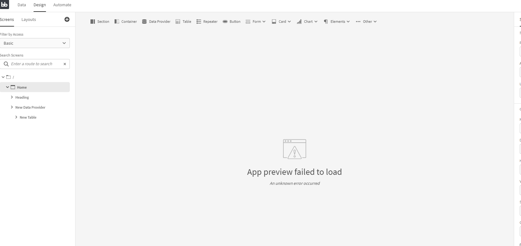 Design main screen displaying App Preview Failed To Load · Budibase ...