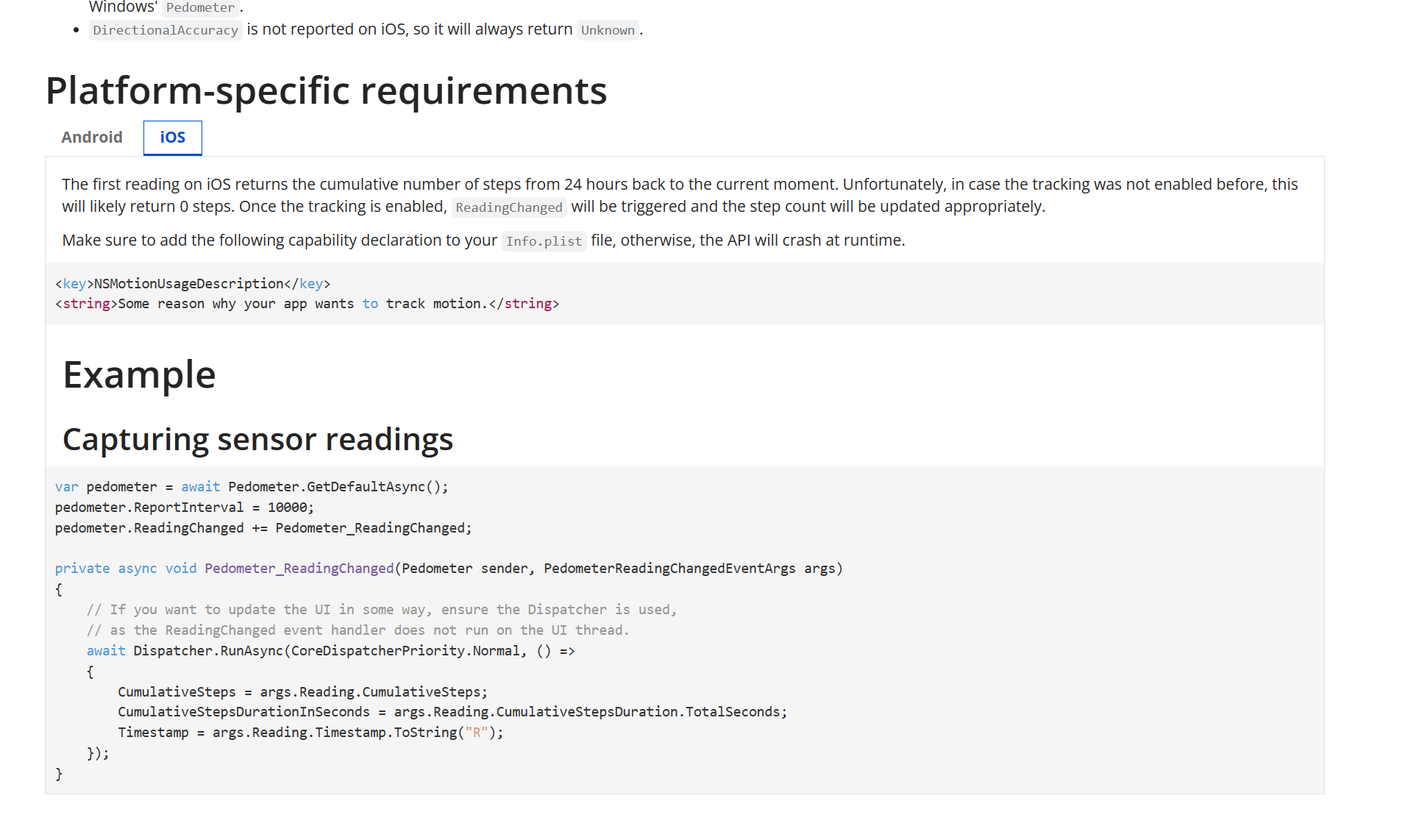 Example shown only under iOS section Pedometer docs · Issue 12200