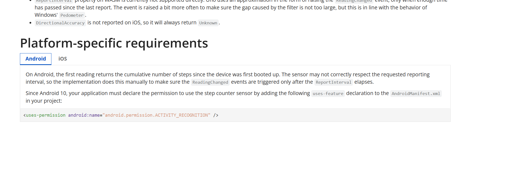 Example shown only under iOS section Pedometer docs · Issue 12200