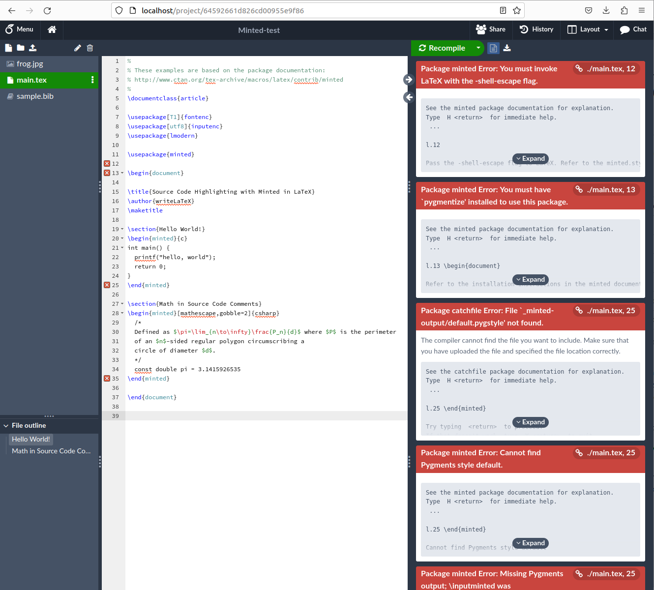Minted needs config changes to work · Issue 155 · overleaf/toolkit