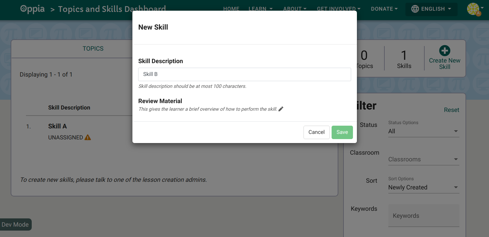 Teaching Skill Error Code An incorrect error message is displayed when creating a new skill if ...