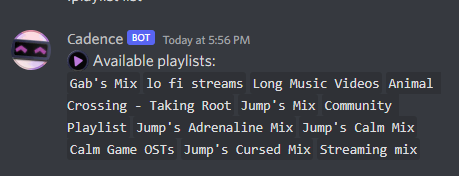 The result of !playlist list with many playlists