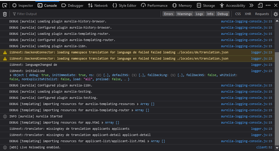 Unable to load translation files