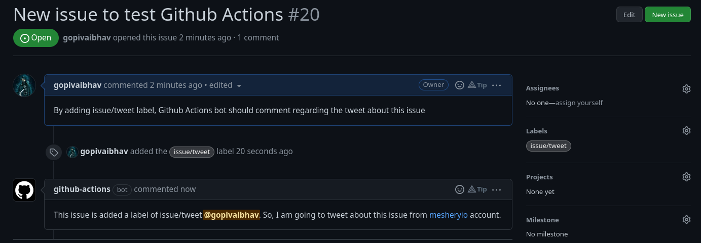 [CI] Setup GitHub Action to tweet when `issue/tweet` label is applied ...