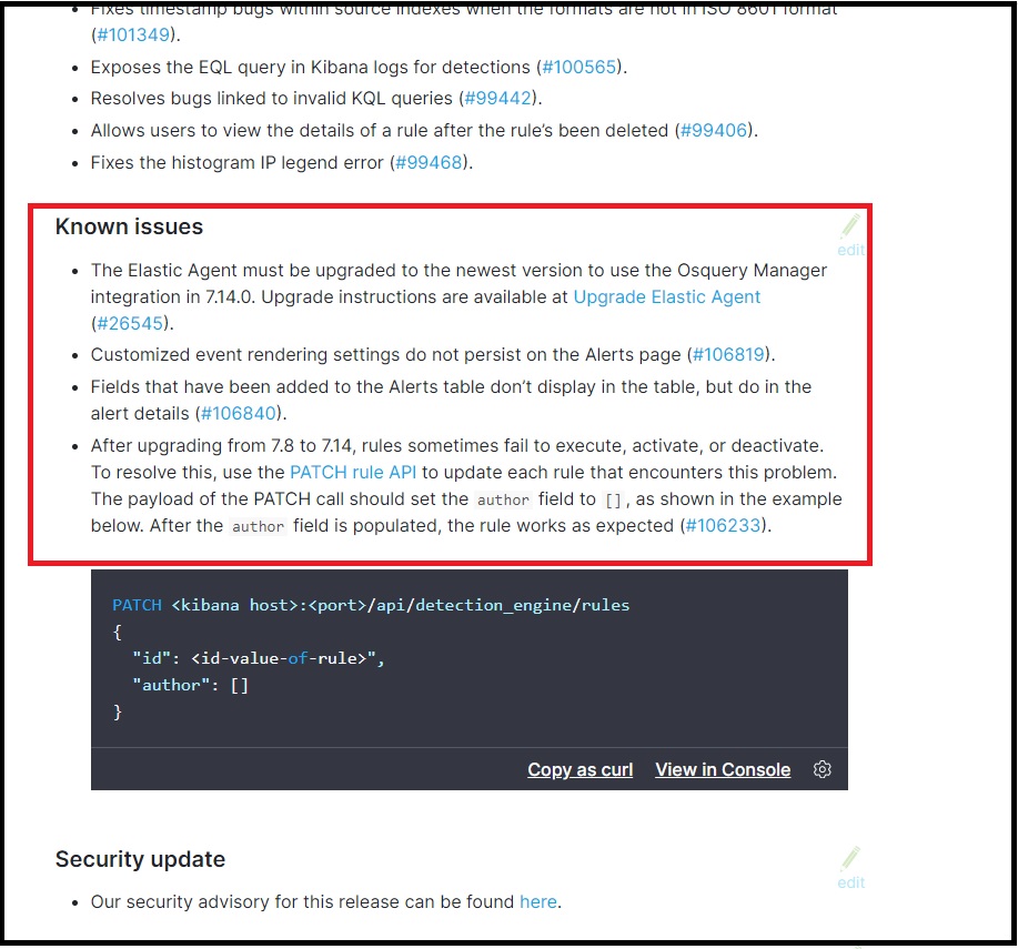 [Security Solution][Question]Info missing for known issue 