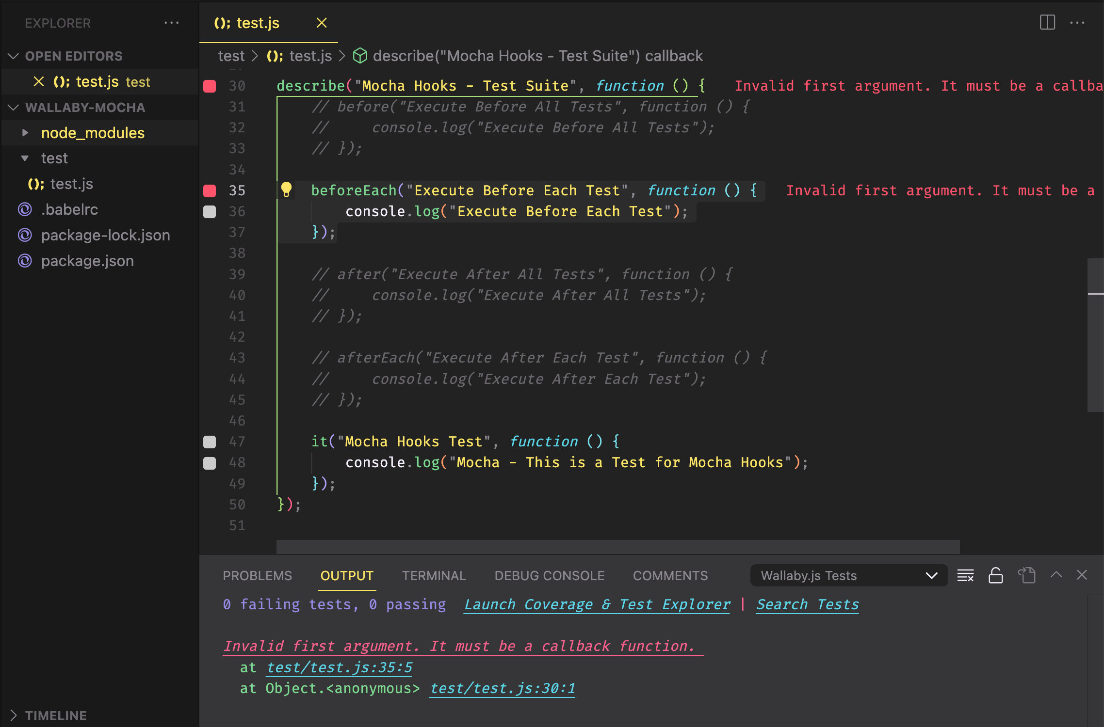 Wallaby throwing errors for "before" and "beforeEach" hooks in Mocha