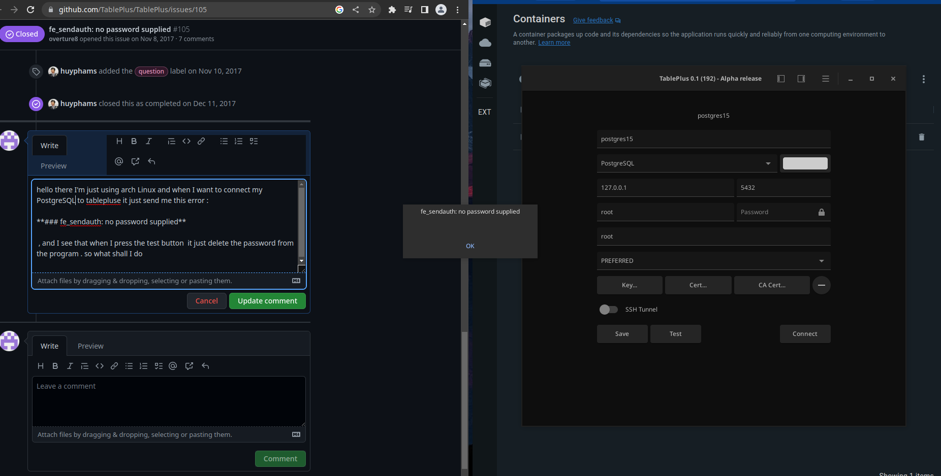 fe_sendauth no password supplied · Issue 105 · TablePlus/TablePlus