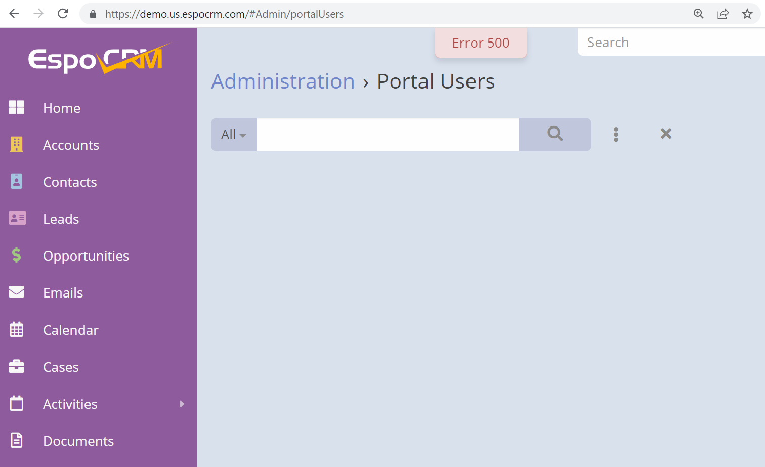 Sort on regular user email causes 500 error when viewing Portal users ...