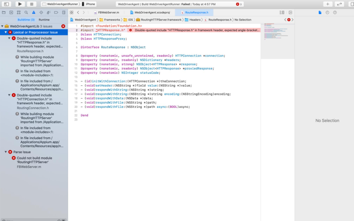 Doublequoted include "HTTPResponse.h" in framework header, expected