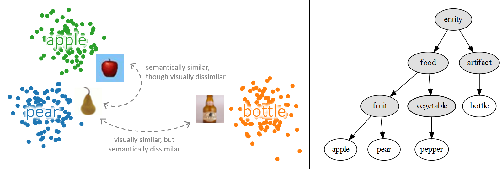 Illustration of semantic embeddings: not visually similar classes are close together but semantically similar ones. Similarities between classes are derived from a given taxonomy.