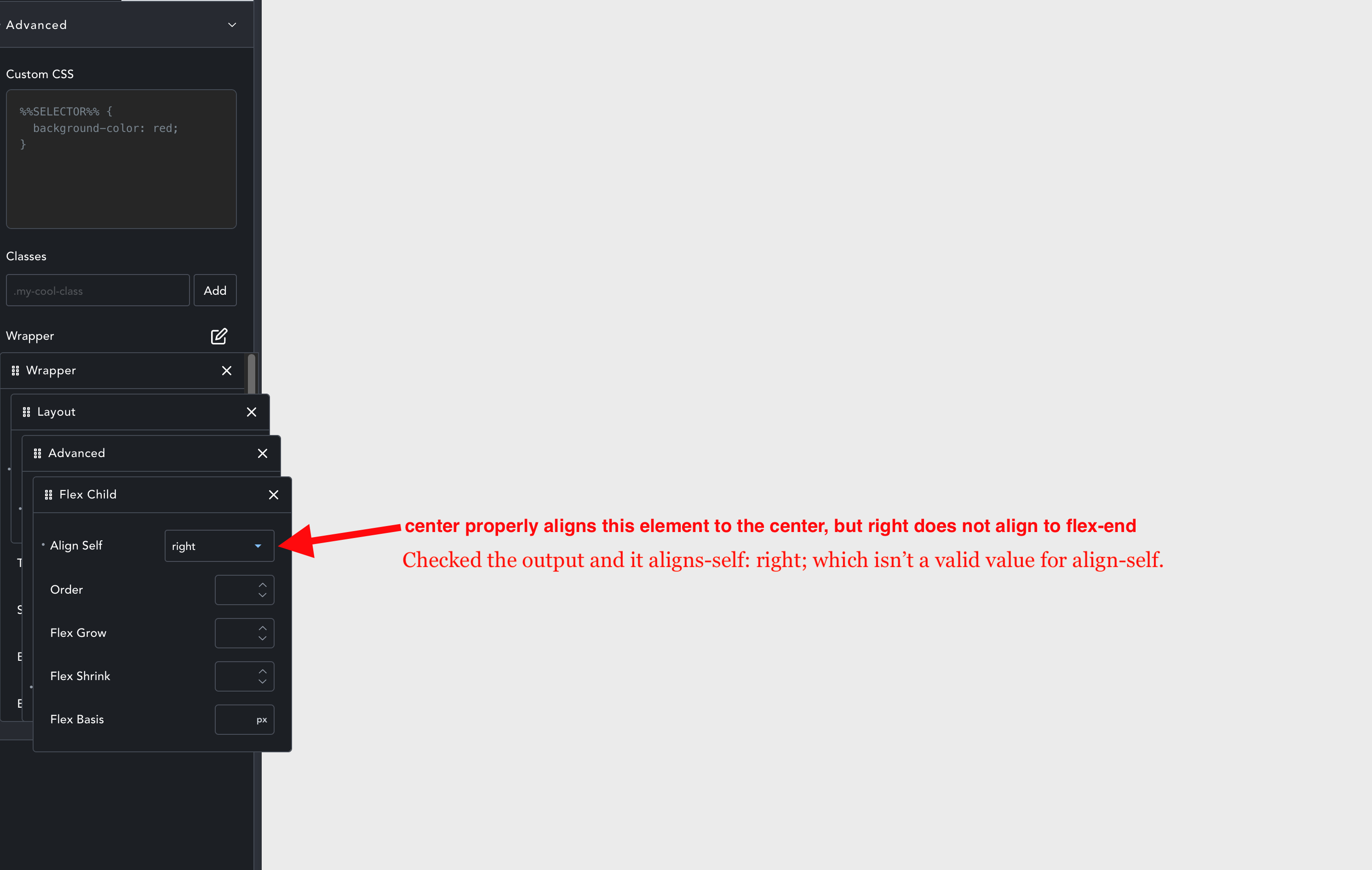 Invalid Alignment Wrapper flex-child > align-self applies invalid properties · Issue #467 ...
