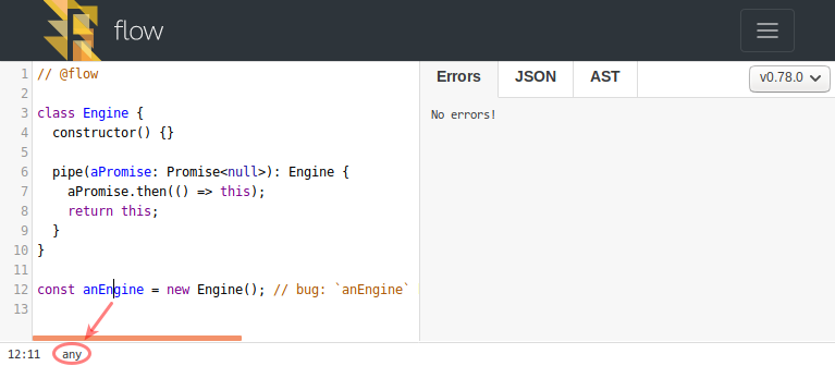 Demonstration of the Try Flow feature of inspecting the type at a point