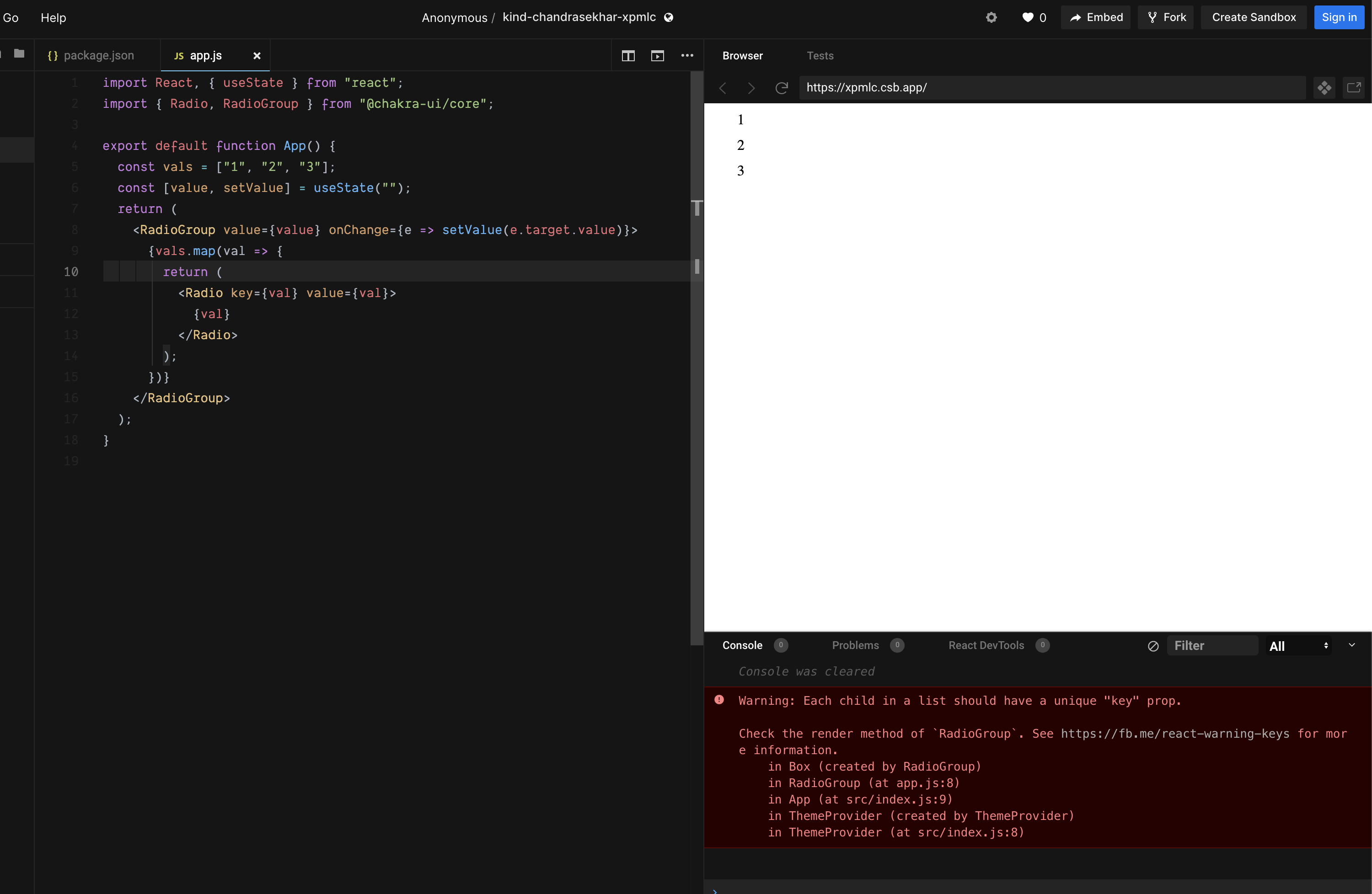 [RadioGroup/CheckboxGroup] Error: each child in a list should have a ...