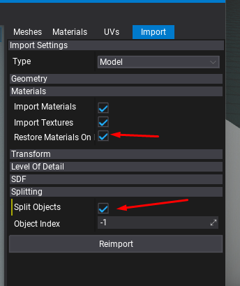 Import (Or reimport) fbx model with option "Split Objects" cause crashs ...