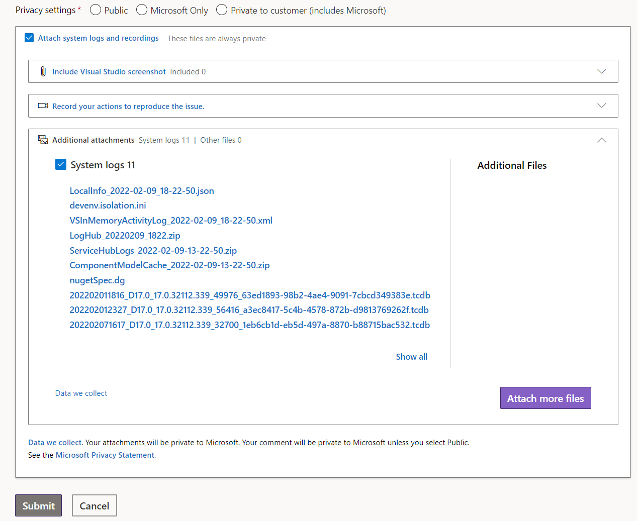 Screenshot of Developer Community attach system logs and recordings checkbox being checked and showing the option to attach more files.