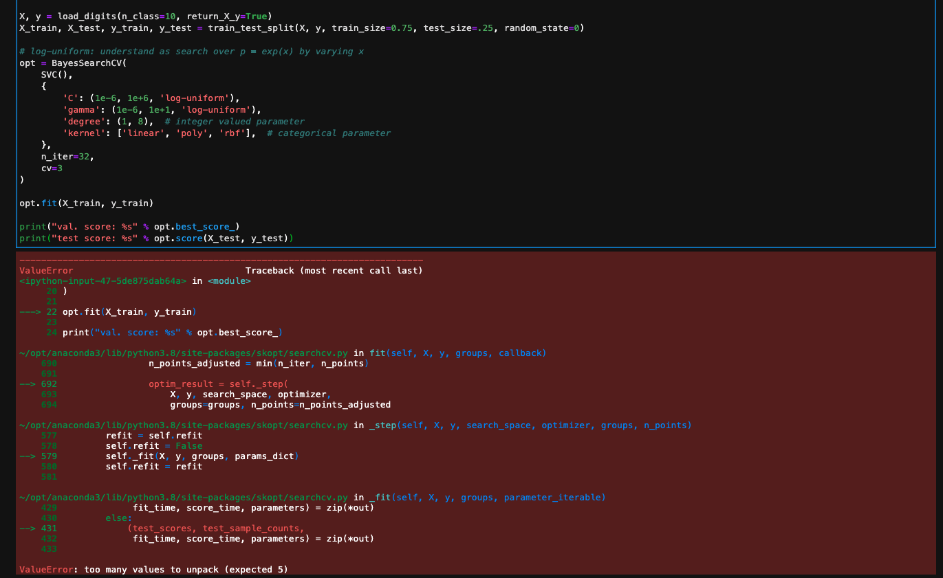 Too Many Values To Unpack (Expected 5) With Bayessearchcv · Issue #1006 ·  Scikit-Optimize/Scikit-Optimize · Github