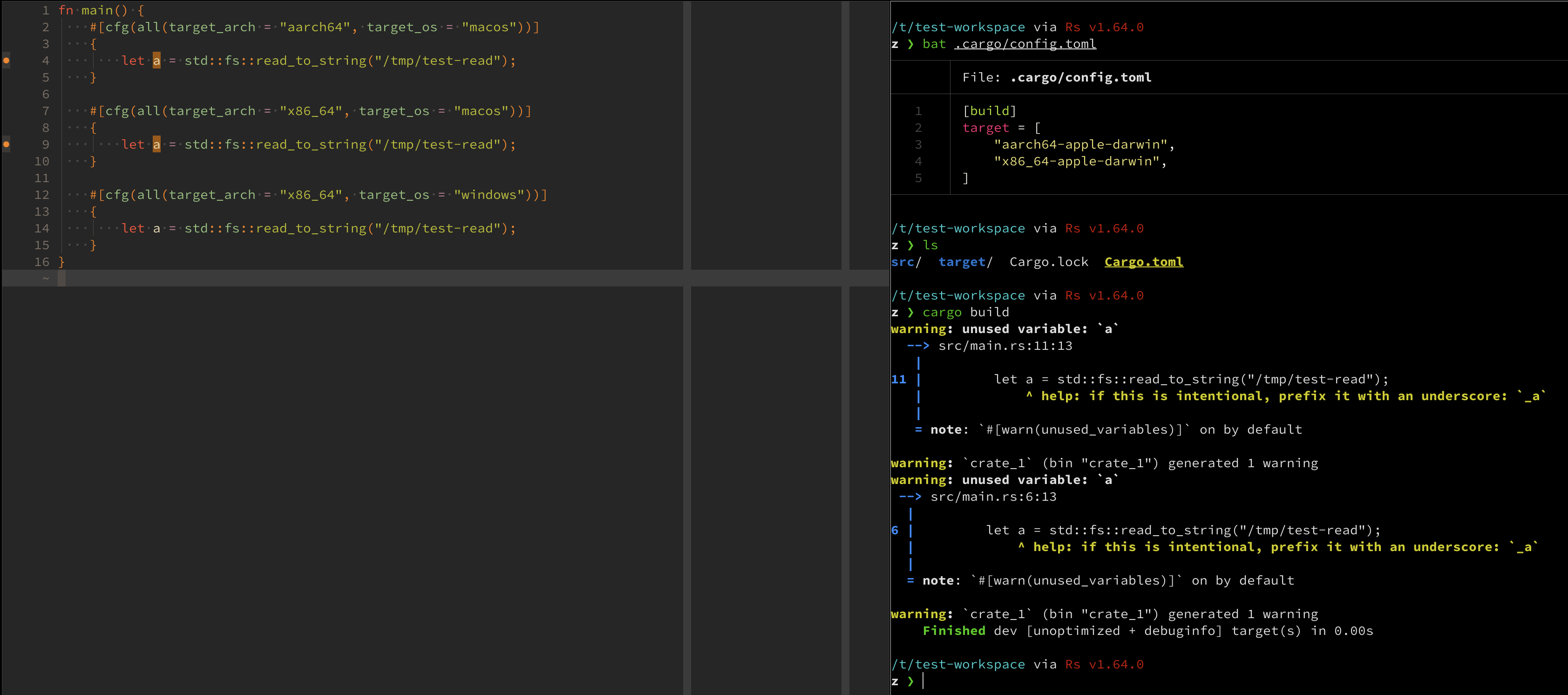 Screenshot showing an editor highlighting two warnings in code gated for different targets on one side and the `cargo check` output on the other side, with the same warnings. It also shows how to configure multiple targets as a `build.target` array in `.cargo/config.toml`.